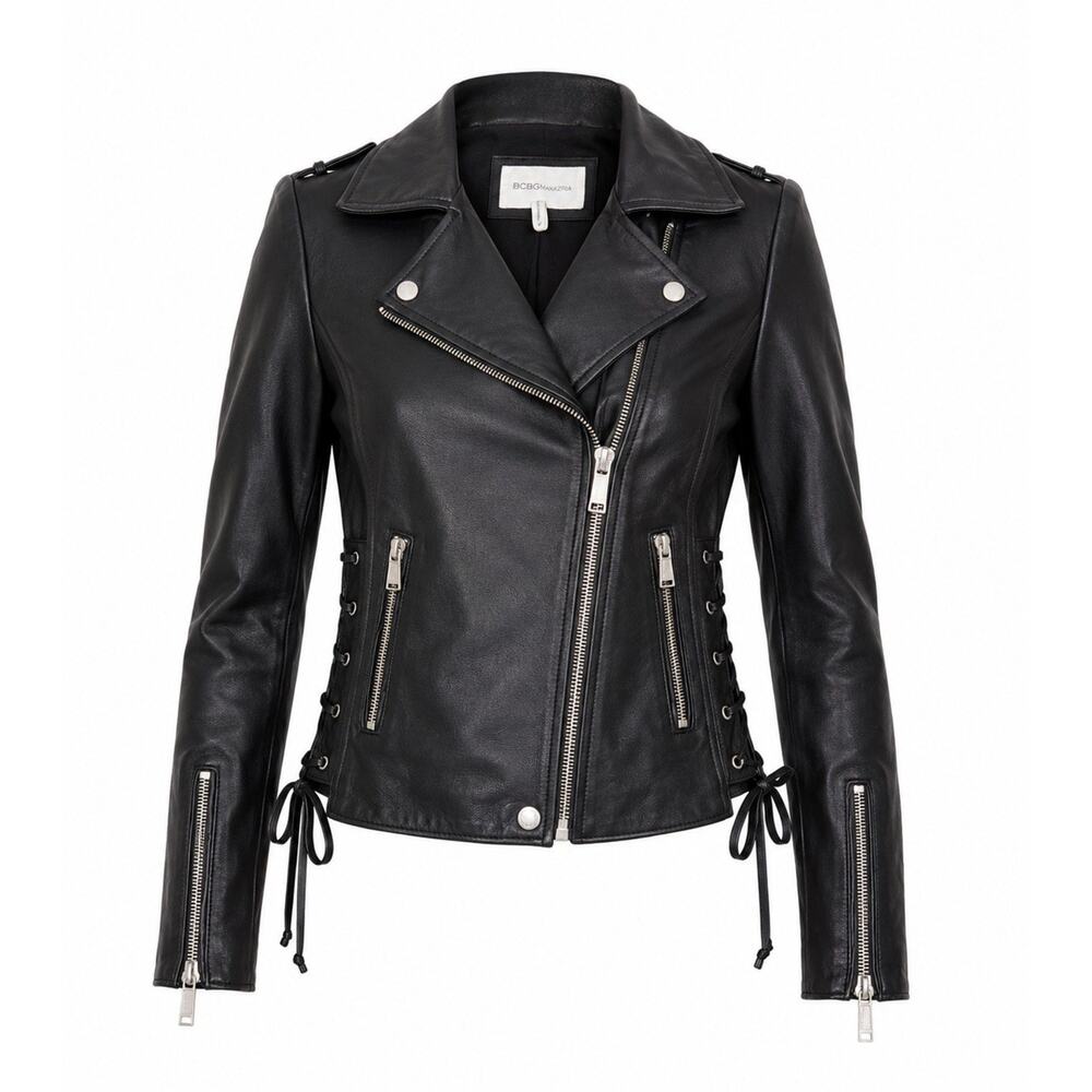BCBGeneration Black Lamb Leather Moto Jacket XS Lace Up Biker Zip Cropped